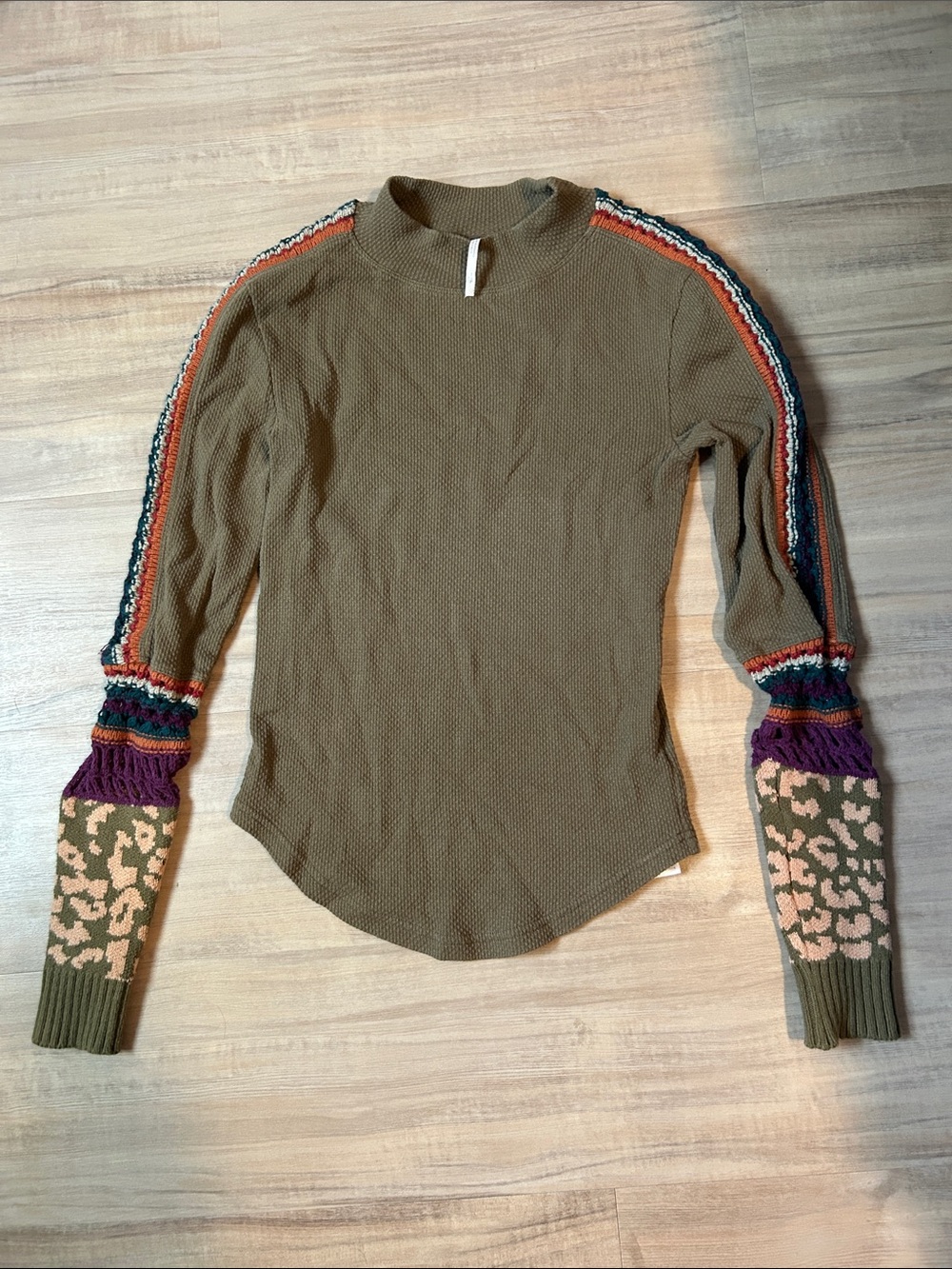Free People Crochet Sleeve Mock Neck Long Sleeve